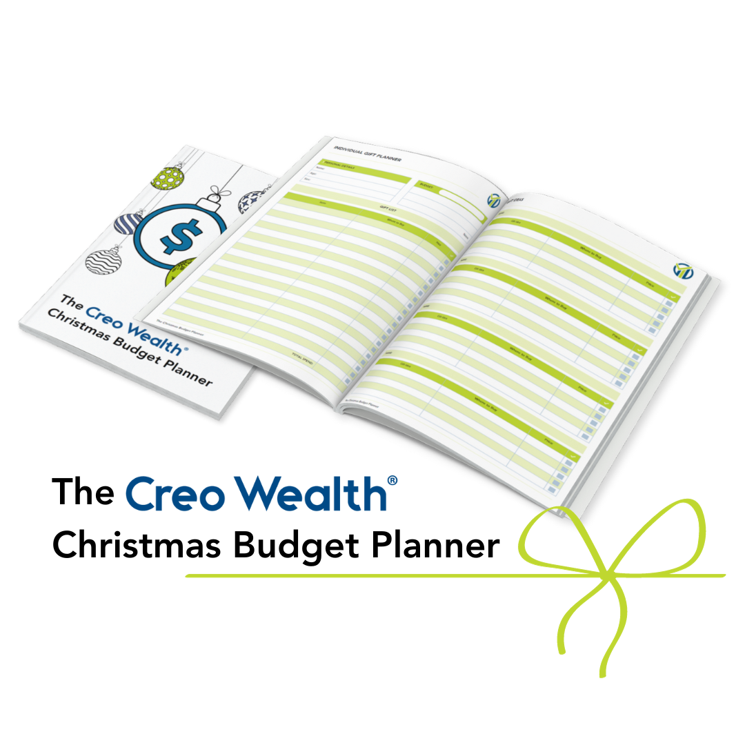 An open 'Creo Wealth Christmas Budget Planner' book displaying organised budgeting pages with green highlights, alongside the Creo Wealth logo and a decorative bow graphic at the bottom.